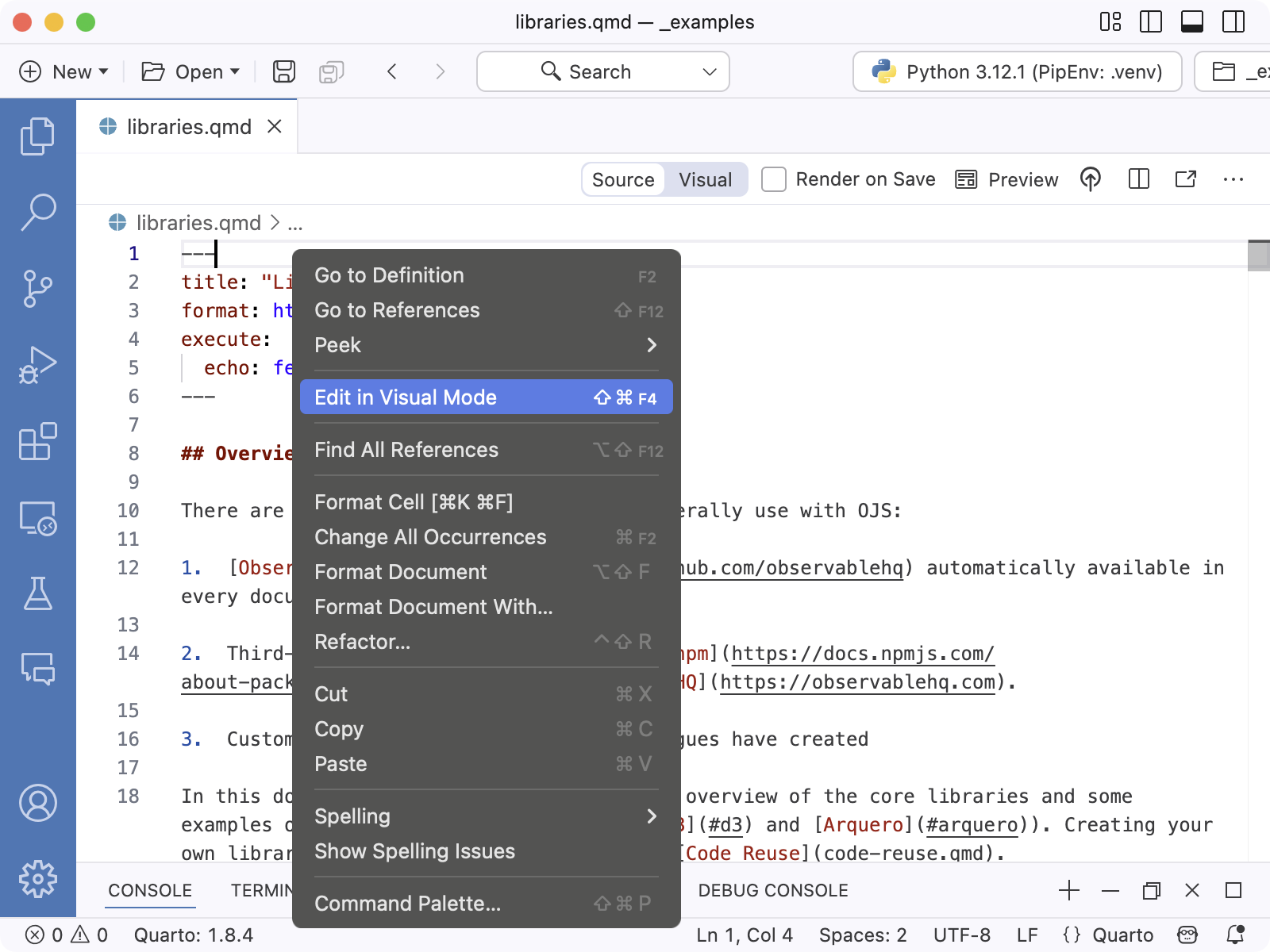 The context menu in with the Edit in Visual Mode command highlighted.